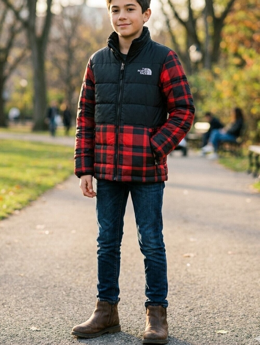 Kids Sz 10-12 The North Face Black & Red Plaid Puffer Jacket